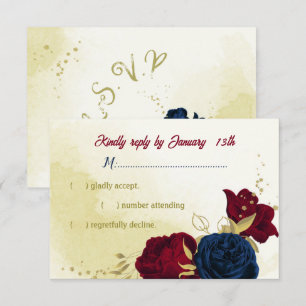 Navy Red Flowers Gouden bladeren RSVP Kaartje