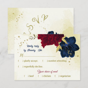 Navy Red Flowers Gouden bladeren RSVP Kaartje