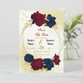 Navy Red Flowers Gouden bladeren Save The Date (Staand voorkant)