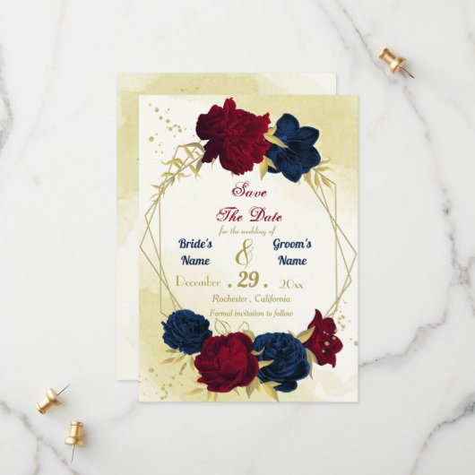 Navy Red Flowers Gouden bladeren Save The Date (Voorkant / Achterkant in situ)