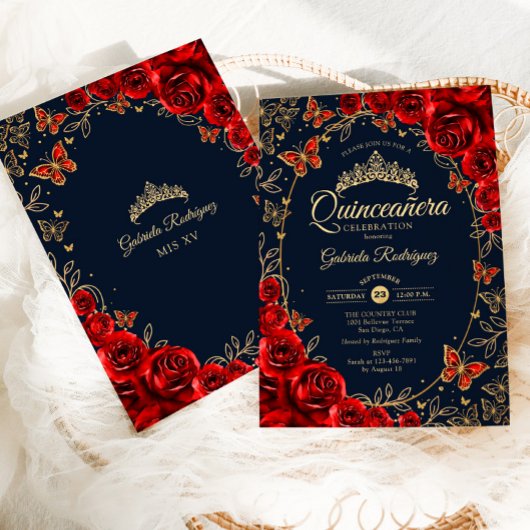 Navy Red Gold Quinceanera Kaart