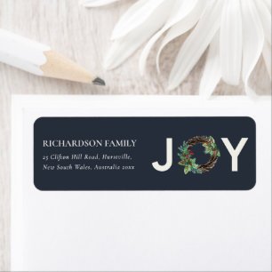 NAVY RED HOLLY BERRY JOY WREATH CHRISTMAS ADRES ETIKET