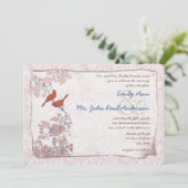 Navy Red Pink  Birds Damask Wedding Invite Kaart (Staand voorkant)