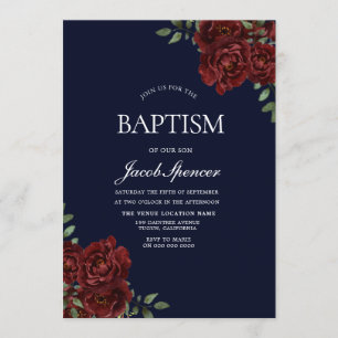 Navy & Red Rose Baptism Boy of Girl Invite Kaart