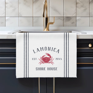 Navy & Red Rustic Crab Personalized Shore House Theedoek