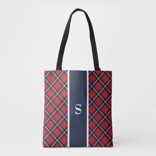 Navy Red Tartan Pset Monogram Canvas tas (Voorkant)