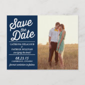 Navy Retro Script Photo Save the Date Briefkaart (Voorkant)