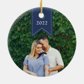 Navy Ribbon | Holiday-foto Keramisch Ornament (Achterkant)