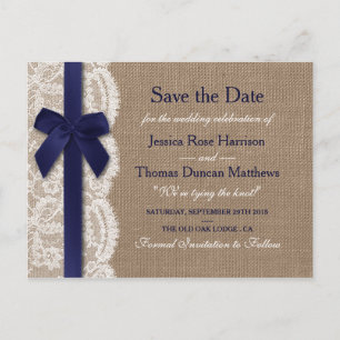 Navy Ribbon on Burlap & Lace Save the Date Aankondigingskaart