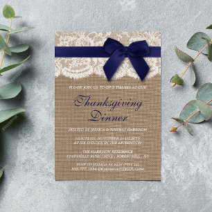 Navy Ribbon on Burlap & Lace Thanksgiving Dinner Kaart