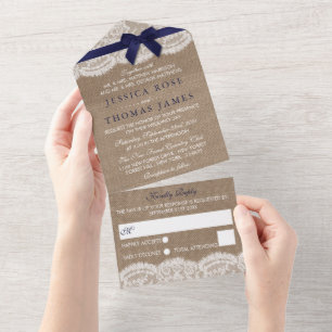 Navy Ribbon on Burlap & Lace Wedding All In One Uitnodiging