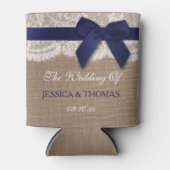 Navy Ribbon on Burlap & Lace Wedding Blikjeskoeler (Voorkant)