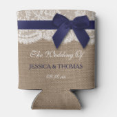 Navy Ribbon on Burlap & Lace Wedding Blikjeskoeler (Achterkant)