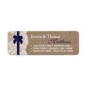 Navy Ribbon on Burlap & Lace Wedding Etiket (Voorkant)
