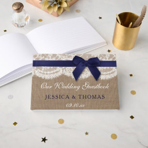Navy Ribbon on Burlap & Lace Wedding Gastenboek
