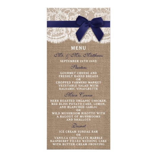 Navy Ribbon on Burlap & Lace Wedding Menu (Voorkant)
