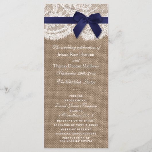 Navy Ribbon on Burlap & Lace Wedding Programme Programma (Voorkant)