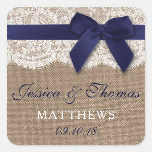 Navy Ribbon on Burlap & Lace Wedding Vierkante Sticker