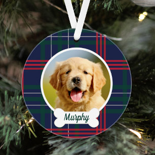 Navy Rood Groen Tartan Plaid Custom Hond Foto Ornament