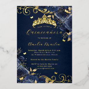 Navy Roos Floral Gold Swirl Quinceanera Folie Uitnodiging
