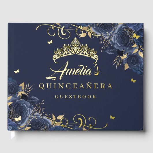 Navy Roos Floral Swirl Quinceanera Gold Gastenboek (Voorkant)