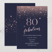 Navy Roos Gold 80th Birthday Invitation Kaart (Voorkant / Achterkant)