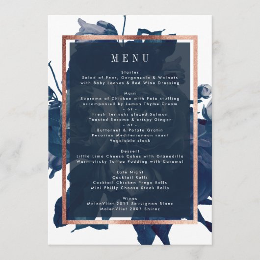 Navy Roos Gold Bouquet Wedding Menu (Voorkant)
