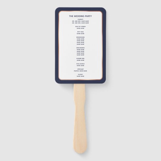 Navy Roos Gold Copper Palm Tree Wedding Program Handwaaier (Achterkant)
