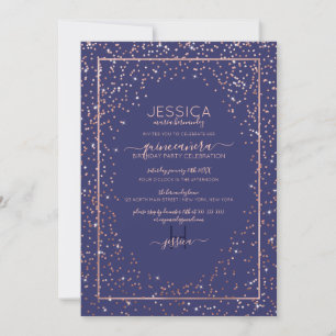 Navy Roos Gold Glitter Confetti Border Quinceañera Kaart