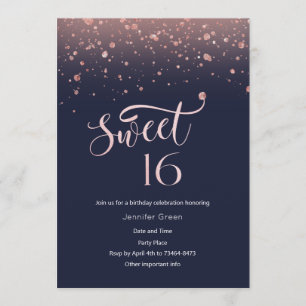 Navy & Roos Gold Glitter Sweet 16 Uitnodiging