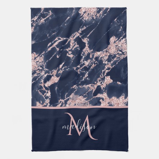Navy & Roos Gold Marble Monogram Elegant Luxury Theedoek (Verticaal)