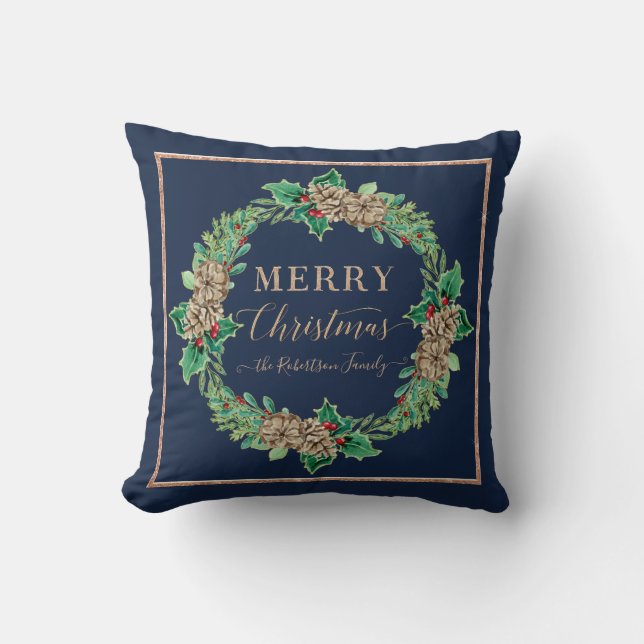 Navy Roos Gold Script Typografie Merry Christmas Kussen (Voorkant)
