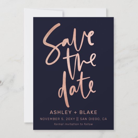 Navy Roos Gold Simple Handwrity Calligraphy Save The Date (Voorkant)