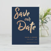 Navy Roos Gold Typography Wedding Save the Date (Staand voorkant)