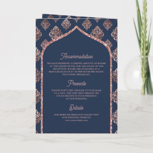Navy Roos Goud Damask Arch QR Code Moslim Bruiloft (Achterkant)
