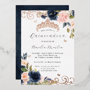 Navy Roos Gouden Blush Bloemwerveling Quinceanera Folie Uitnodiging
