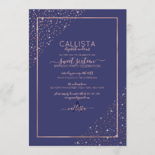 Navy Roos Gouden Glitter Confetti Corners Sweet 16 Kaart