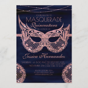Navy Roos Gouden Glitter Kant Masquerade Quinceañe Kaart