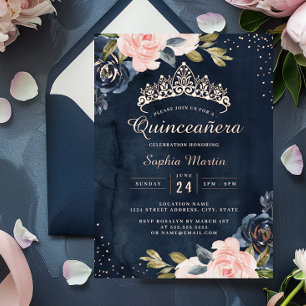 Navy Roos Gouden Waterverf Quinceanera Folie Uitnodiging