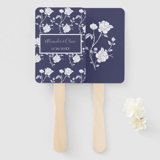 Navy Roos Wedding Favor Hand Fan Handwaaier (Voorkant en achterkant)