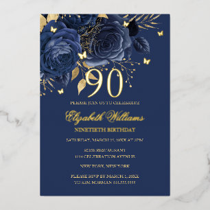Navy Rose Bruisende Vlinder 90ste Verjaardag Folie Uitnodiging