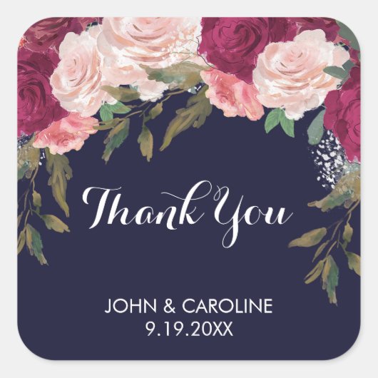 Navy rose floral merci faveurs stickers mariage (Devant)
