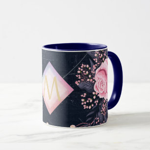 Navy Rosegold Monogram Gifts Girly Floral Pink Mok