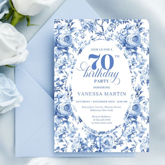 Navy Roses 70th Birthday Chic Floral Invitation