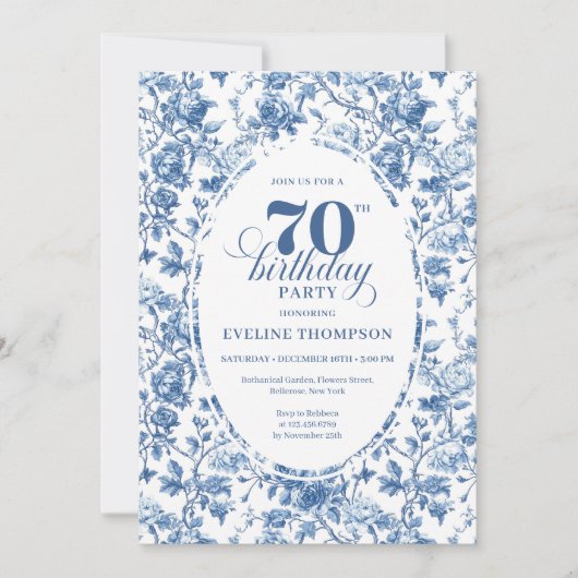 Navy Roses 70th Birthday Elegant Party Invitation (Devant)