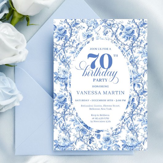Navy Roses Floral Elegant 70th Birthday Invitation