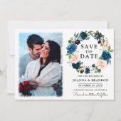 Navy Royal Blue Blush Floral Save the Date Kaart (Voorkant)