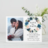 Navy Royal Blue Blush Floral Save the Date Kaart (Staand voorkant)