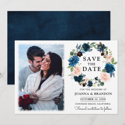 Navy Royal Blue Blush Floral Save the Date Kaart (Voorkant / Achterkant)