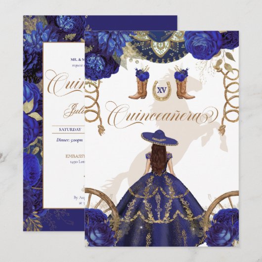 Navy Royal Blue Western Charro 2-Sided Quinceanera Kaart (Voorkant / Achterkant)